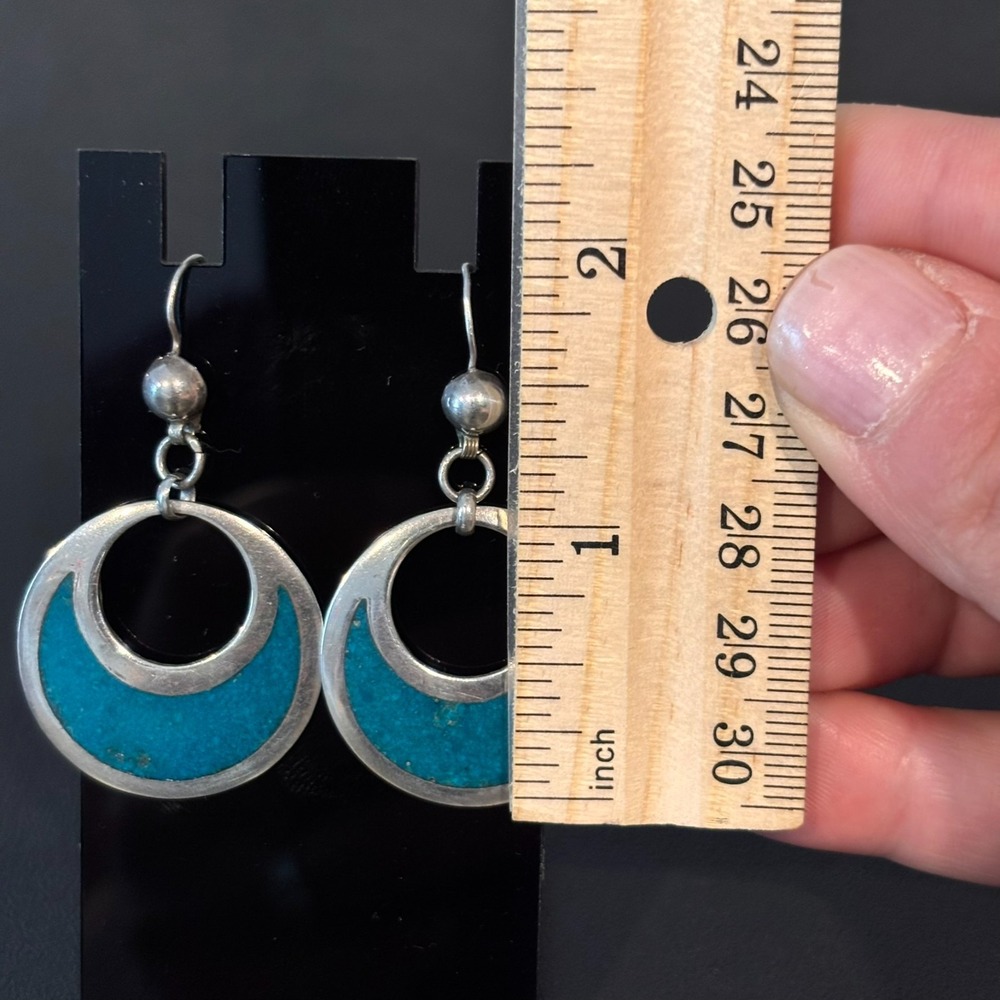 Vintage Signed Taxco Mexico Sterling SIlver Turquoise Inlaid Dangle Earrings - Picture 5 of 8